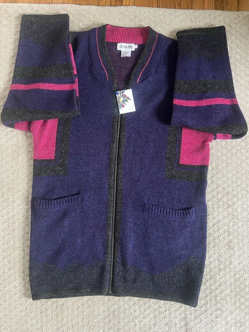 Vintage 21 South Women’s M Wool Blend Sweater Jacket 80s 90s Colorblock Zip